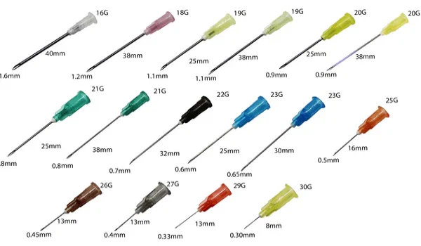 Needles aligned horizontally and vertically comparing the gauge and length to each other.