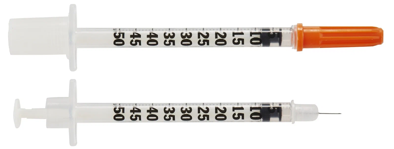Top insulin syringe w/ cap on; Bottom insulin syringe w/ cap off